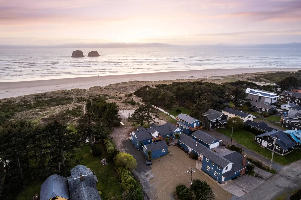 A sweeping view of the ocean, beach, dramatic rock formations, and bordering cottages nestled among trees. The atmosphere is serene, offering a sense of escape and showcasing the natural beauty available to guests and their pets.