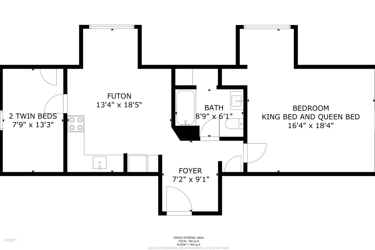 This image showcases both bedrooms: the main bedroom with a king and queen bed, as well as the second bedroom with two twin beds. The space includes a futon, a foyer, and a glimpse of the bath, all arranged for comfort and group relaxation.